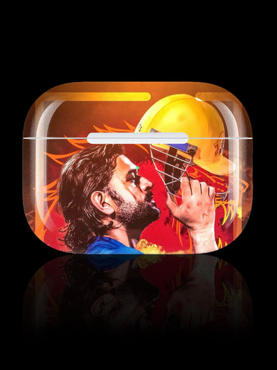 MS Dhoni custom AirPods case with yellow helmet design from SoundifyHub